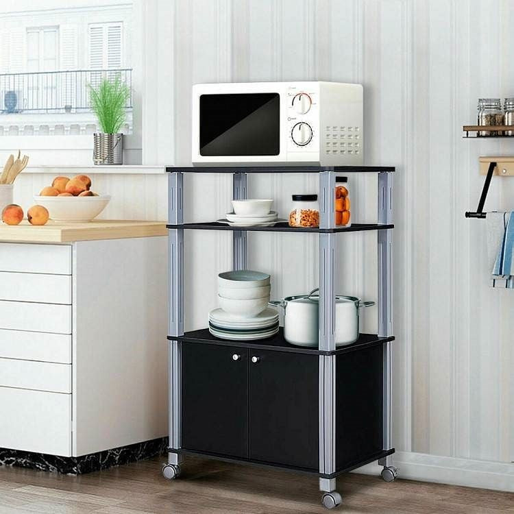 Modern 3-Shelf Kitchen Bakers Rack Cart on Wheels in Black Wood Finish