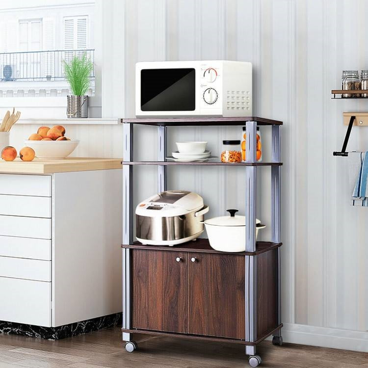 Modern 3-Shelf Kitchen Baker’s Rack Cart on Wheels in Brown Wood Finish