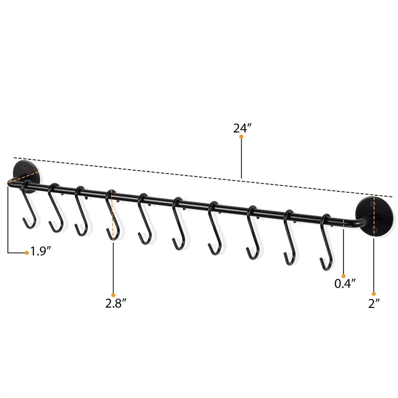 Set of 2 - Black Metal Wall Mounted Pot Rack with 20 Hanging Hooks