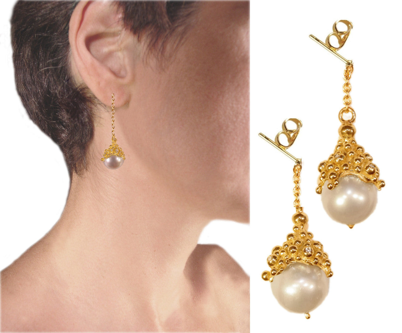 Dot Cap Pearl Drop Earrings- 18K Gold