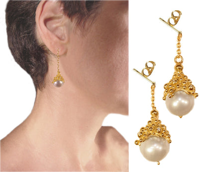 Dot Cap Pearl Drop Earrings- 18K Gold