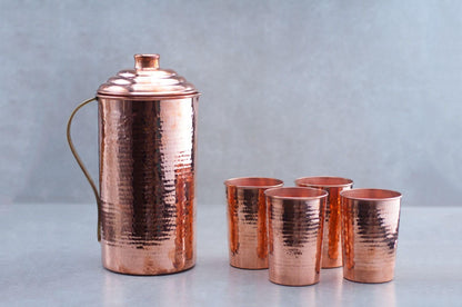 Copper Water Jug and Tumbler: Set of 1 copper jug and 4 copper glasses