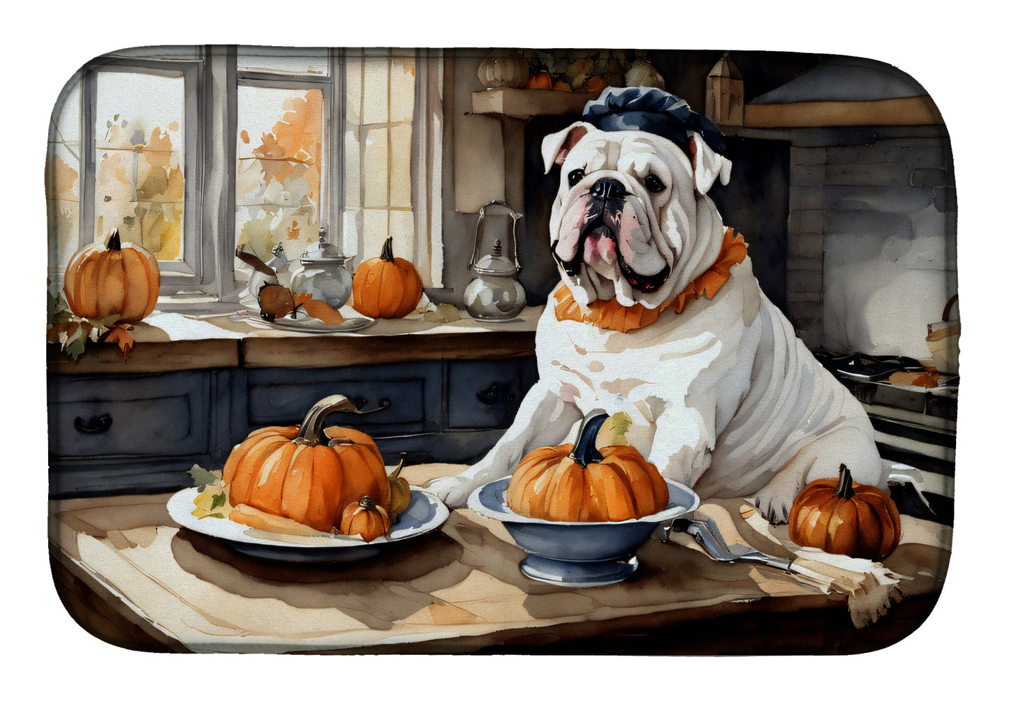 English Bulldog Fall Kitchen Pumpkins Dish Drying Mat