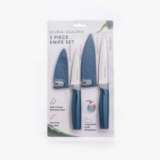 2 Piece Kitchen Knife Set- Paring, and Utility Knife with Matching Blade Guards with Built in Sharpener-0