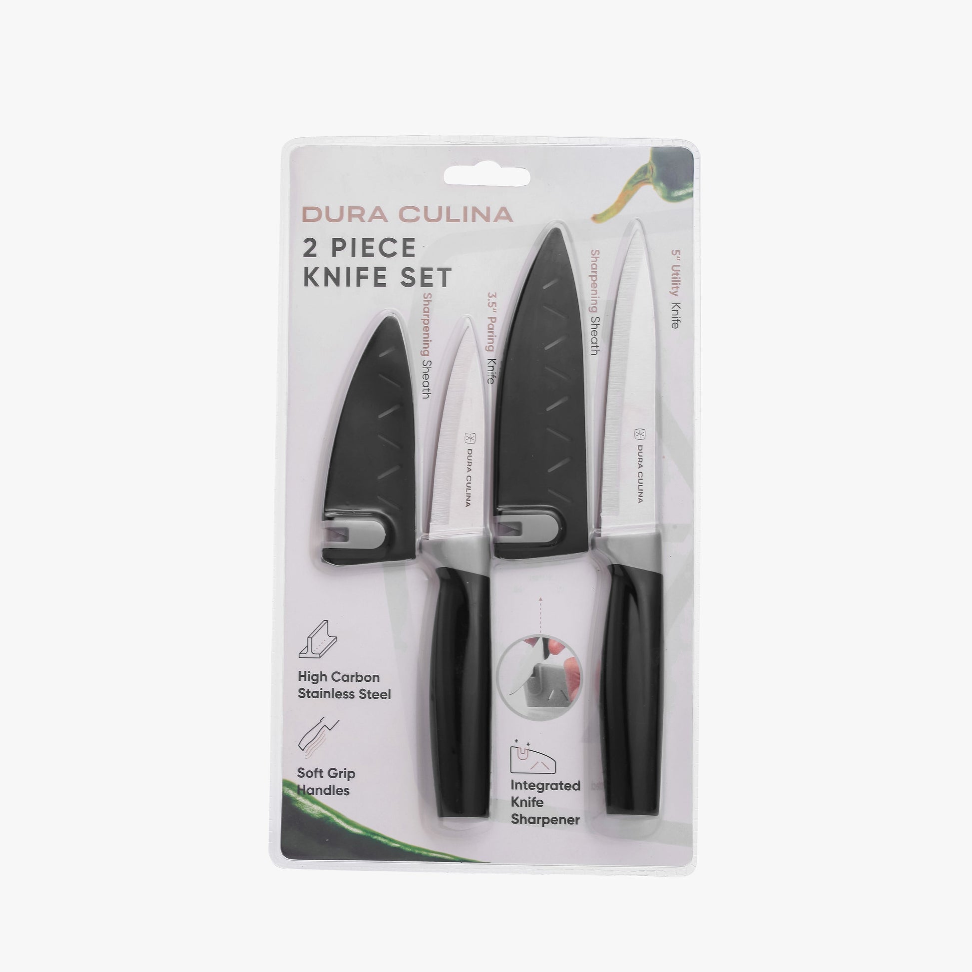 2 Piece Kitchen Knife Set- Paring, and Utility Knife with Matching Blade Guards with Built in Sharpener-0