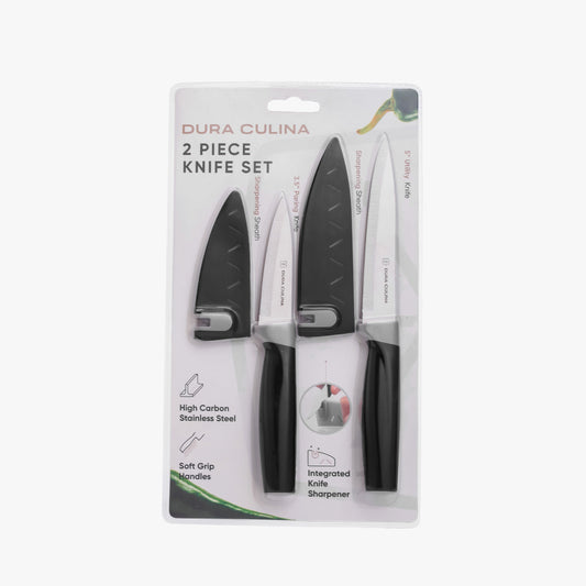 2 Piece Kitchen Knife Set- Paring, and Utility Knife with Matching Blade Guards with Built in Sharpener-0