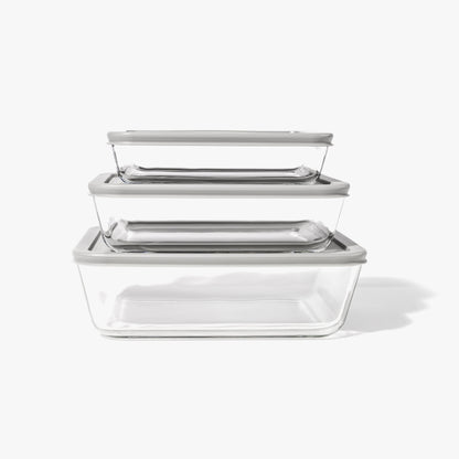 Glass Food Storage Containers - 6 Piece (3 Containers + 3 Lids) Rectangular Nesting Space-Saving Set-0