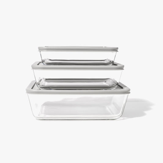 Glass Food Storage Containers - 6 Piece (3 Containers + 3 Lids) Rectangular Nesting Space-Saving Set-0
