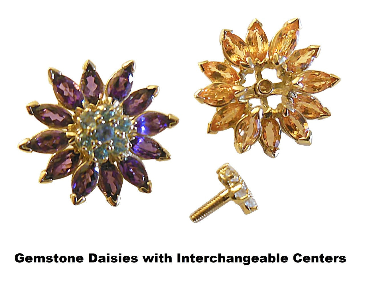 Gemstone Daisy earrings, Inter-changeable Stone Centers, 18K Gold & Semi-precious. Any gem available.-1