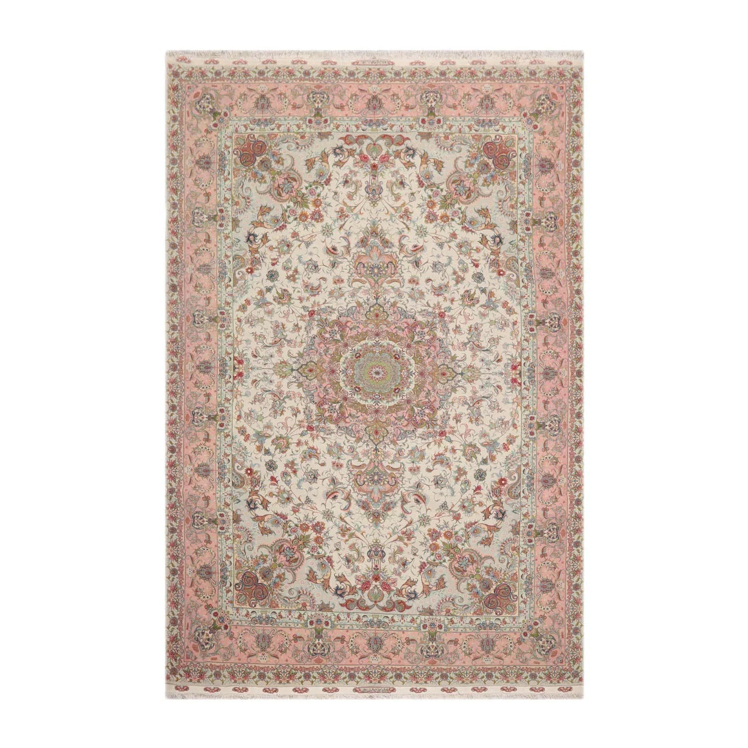 6x9 Hand Knotted Wool and Silk Traditional Tabriz Master Weaver Signed 400 KPSI Oriental Area Rug Ivory, Blush Color-1