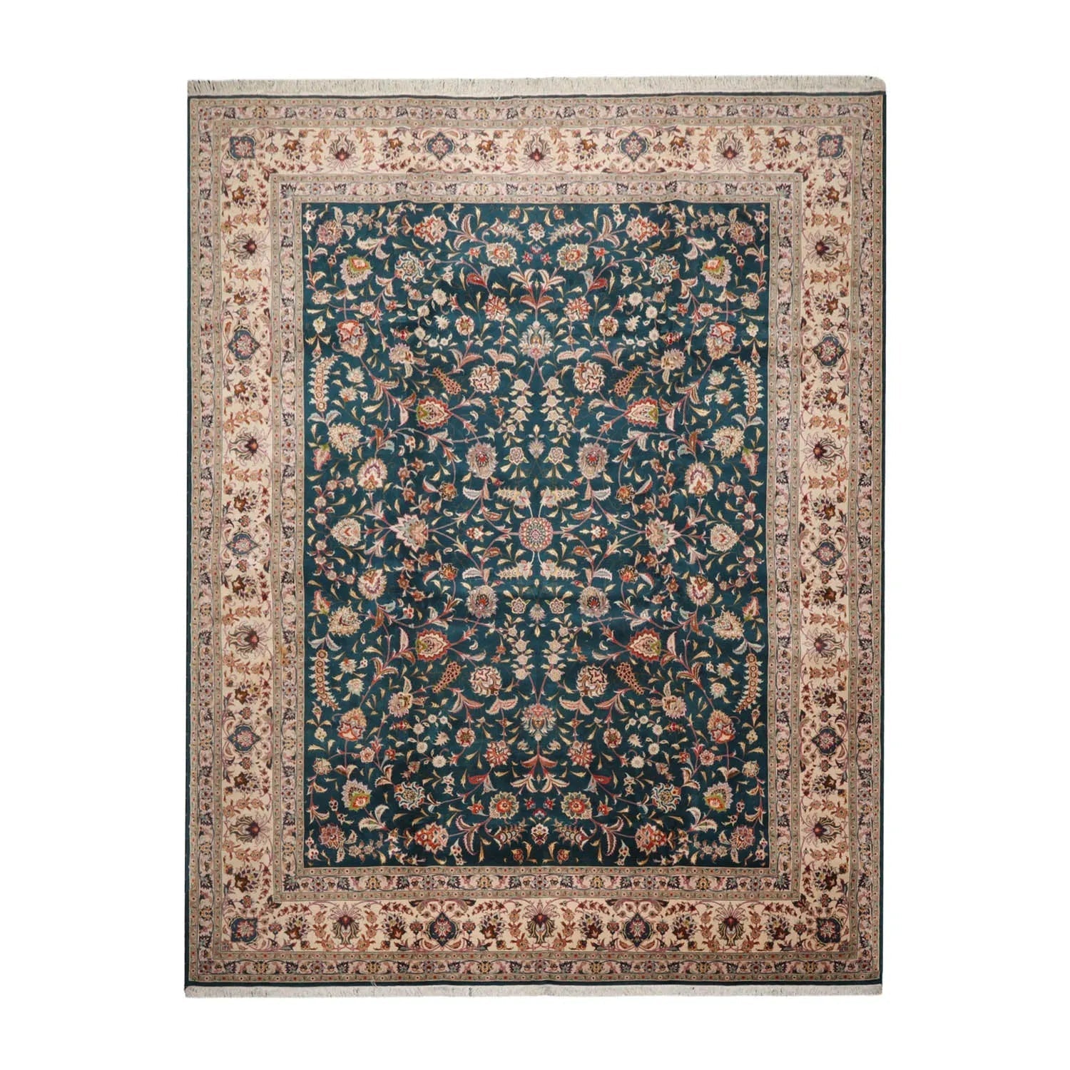 10x14 Hand Knotted Wool and Silk Traditional Tabriz 400 KPSI Oriental Area Rug Teal, Beige Color-1