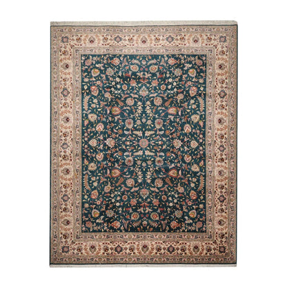10x14 Hand Knotted Wool and Silk Traditional Tabriz 400 KPSI Oriental Area Rug Teal, Beige Color-1