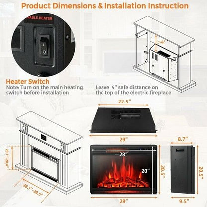 28 Inch Electric Freestanding and Recessed Fireplace with Remote