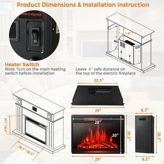 28 Inch Electric Freestanding and Recessed Fireplace with Remote