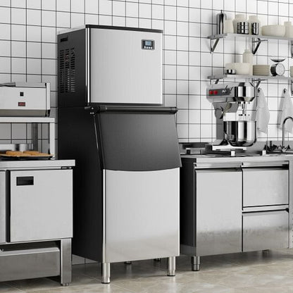 Commercial Ice Maker Machine 418 LBS/24H with 200 LBS Storage Bin-Silver