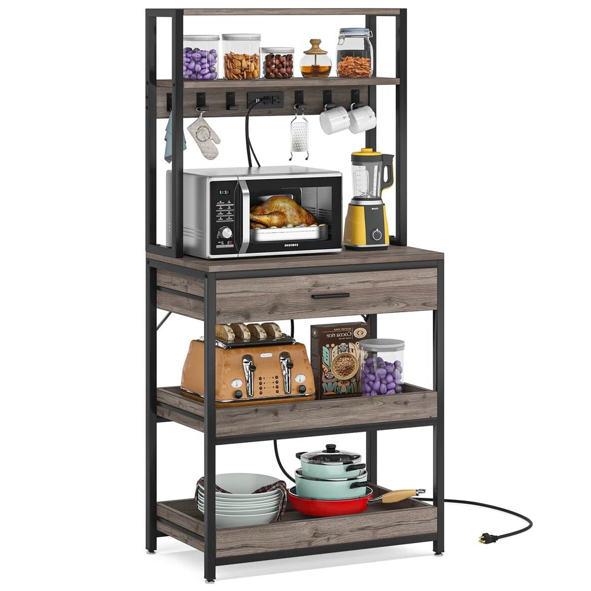 Grey Modern Baker's Rack Kitchen Shelving Unit with Pull-Out Shelves and Drawer