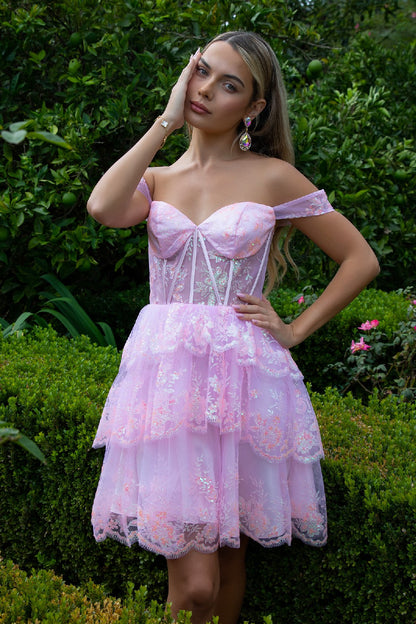 Glitter Print Mesh Sweetheart Neckline Homecoming Dress-1