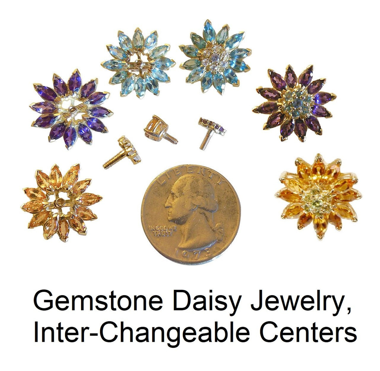 Gemstone Daisy earrings, Inter-changeable Stone Centers, 18K Gold & Semi-precious. Any gem available.-7