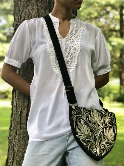 Handmade Suede Embroidered Heart Shaped Bag