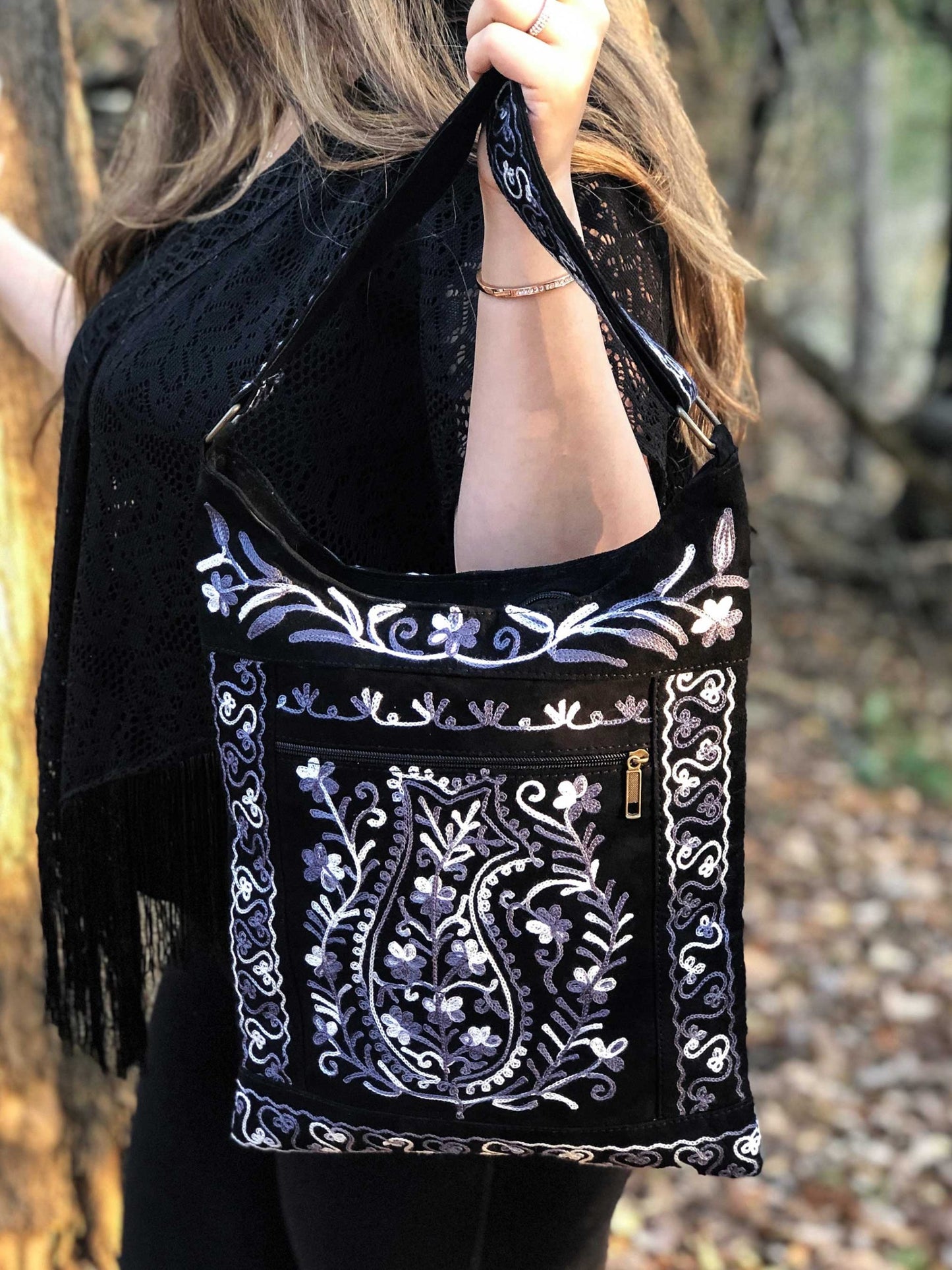 Handmade Black and Grey Suede Embroidered llama Bag