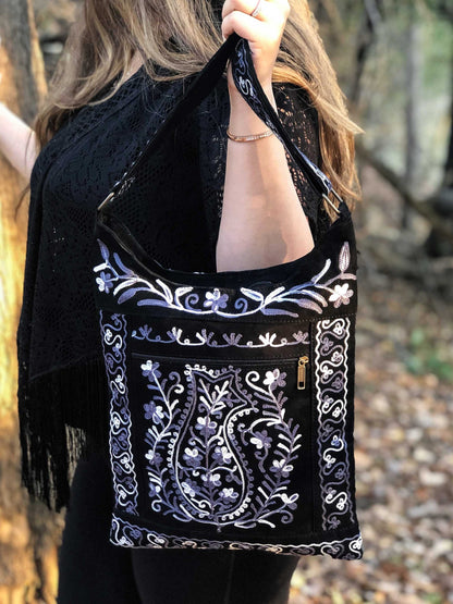 Handmade Black and Grey Suede Embroidered llama Bag