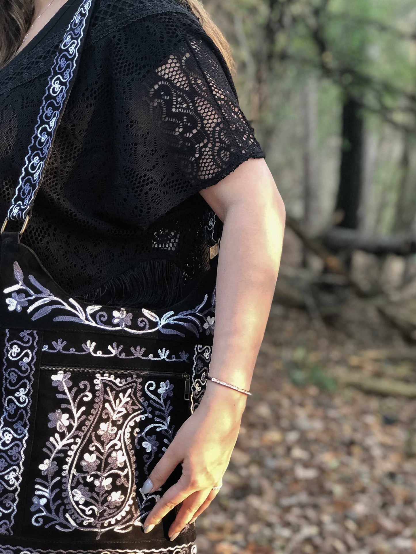 Handmade Black and Grey Suede Embroidered llama Bag