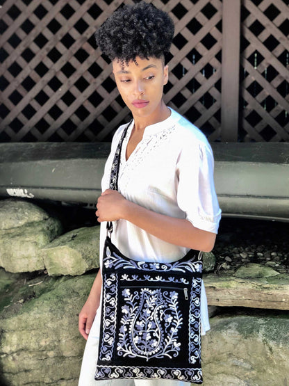 Handmade Black and Grey Suede Embroidered llama Bag