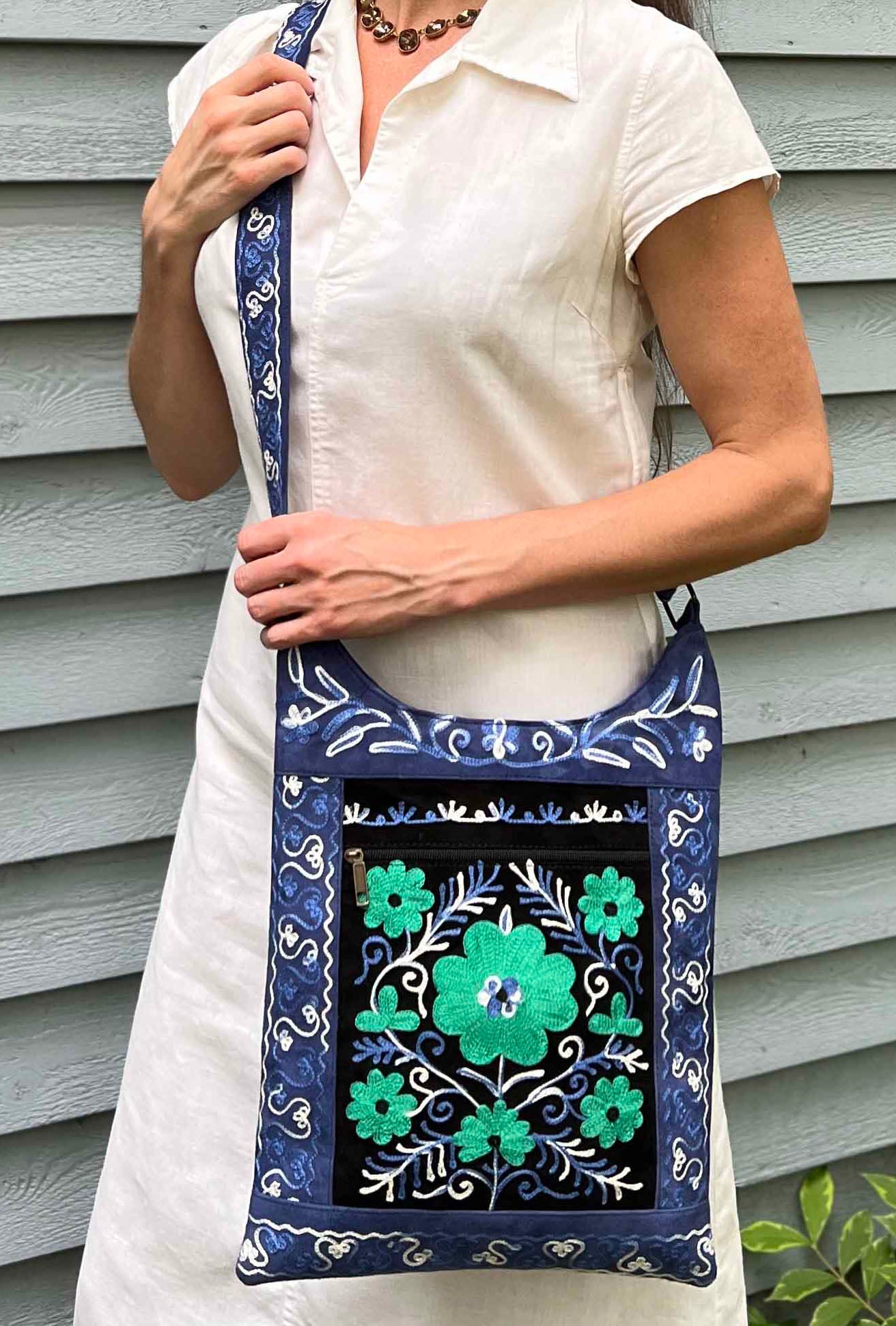 Handmade Black And Blue Suede Embroidered Llama Bag