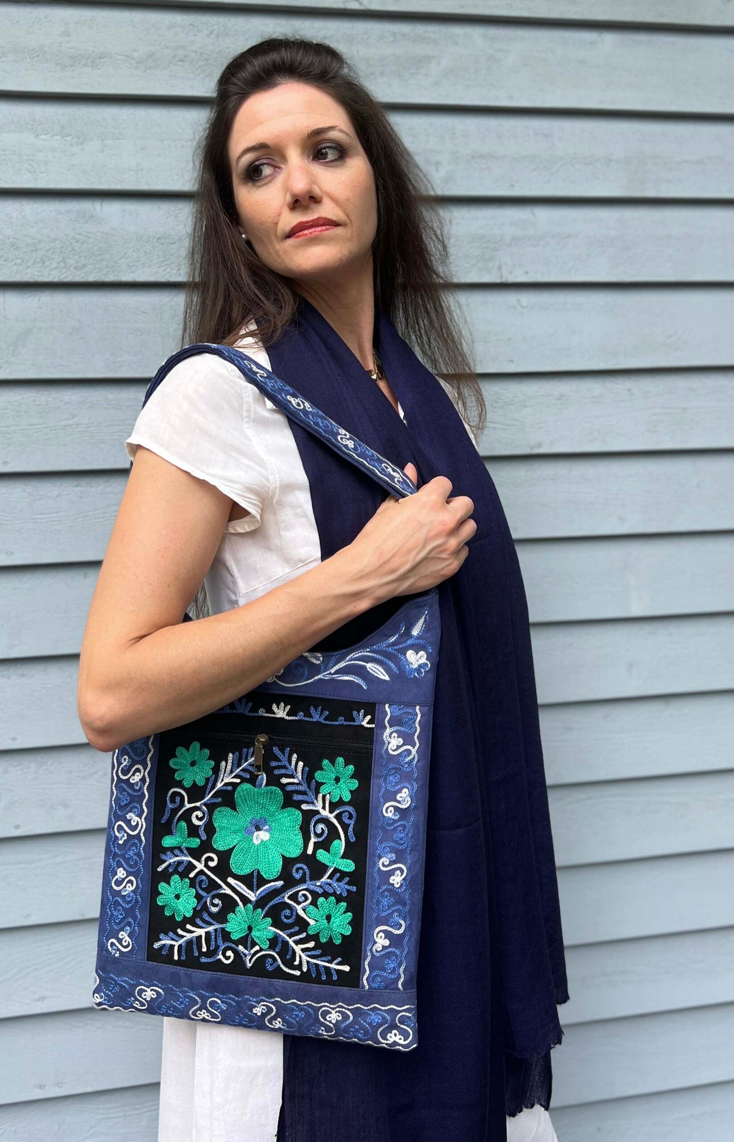 Handmade Black And Blue Suede Embroidered Llama Bag