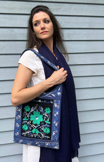 Handmade Black And Blue Suede Embroidered Llama Bag