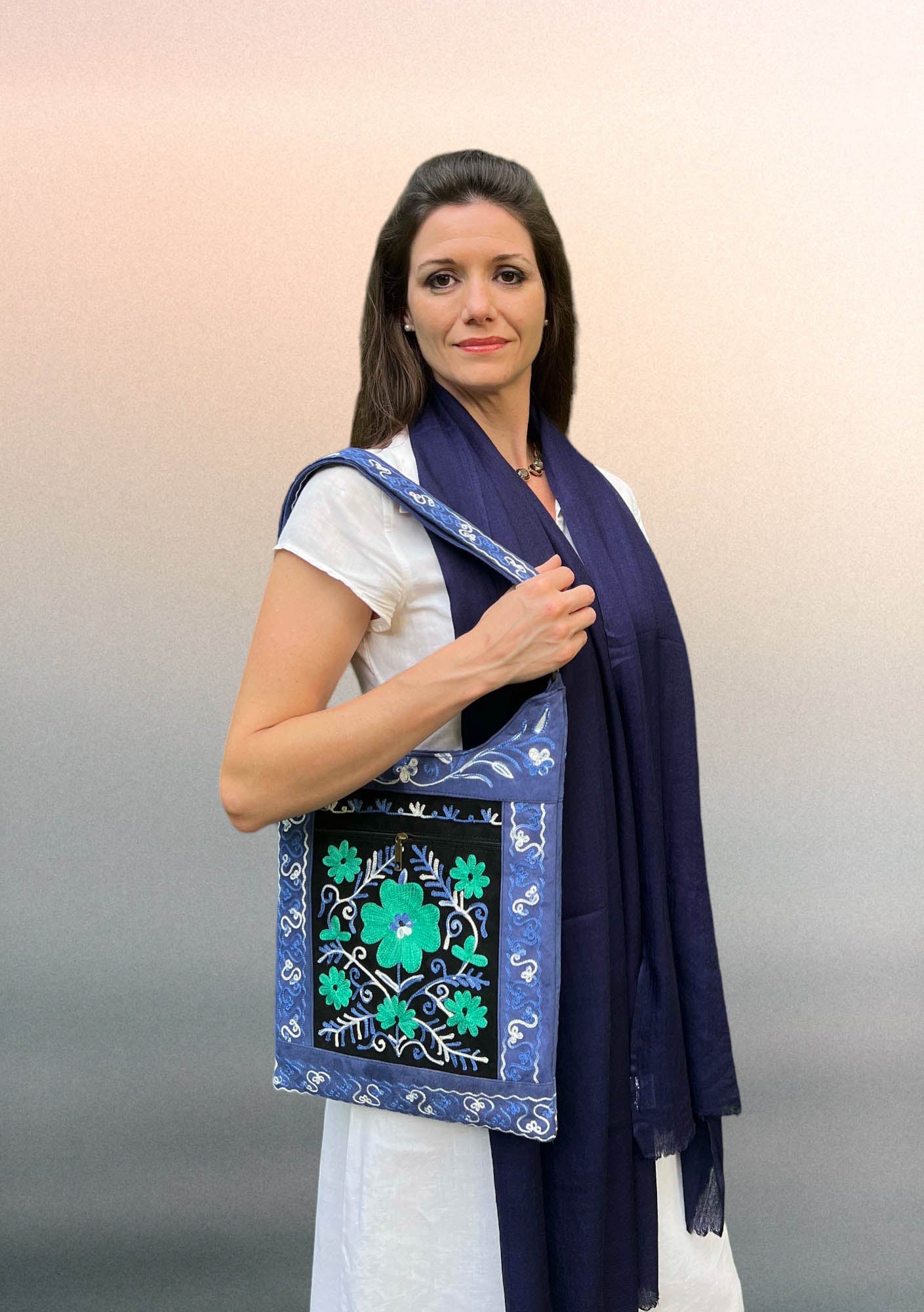 Handmade Black And Blue Suede Embroidered Llama Bag