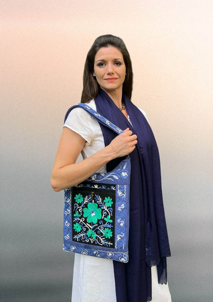 Handmade Black And Blue Suede Embroidered Llama Bag