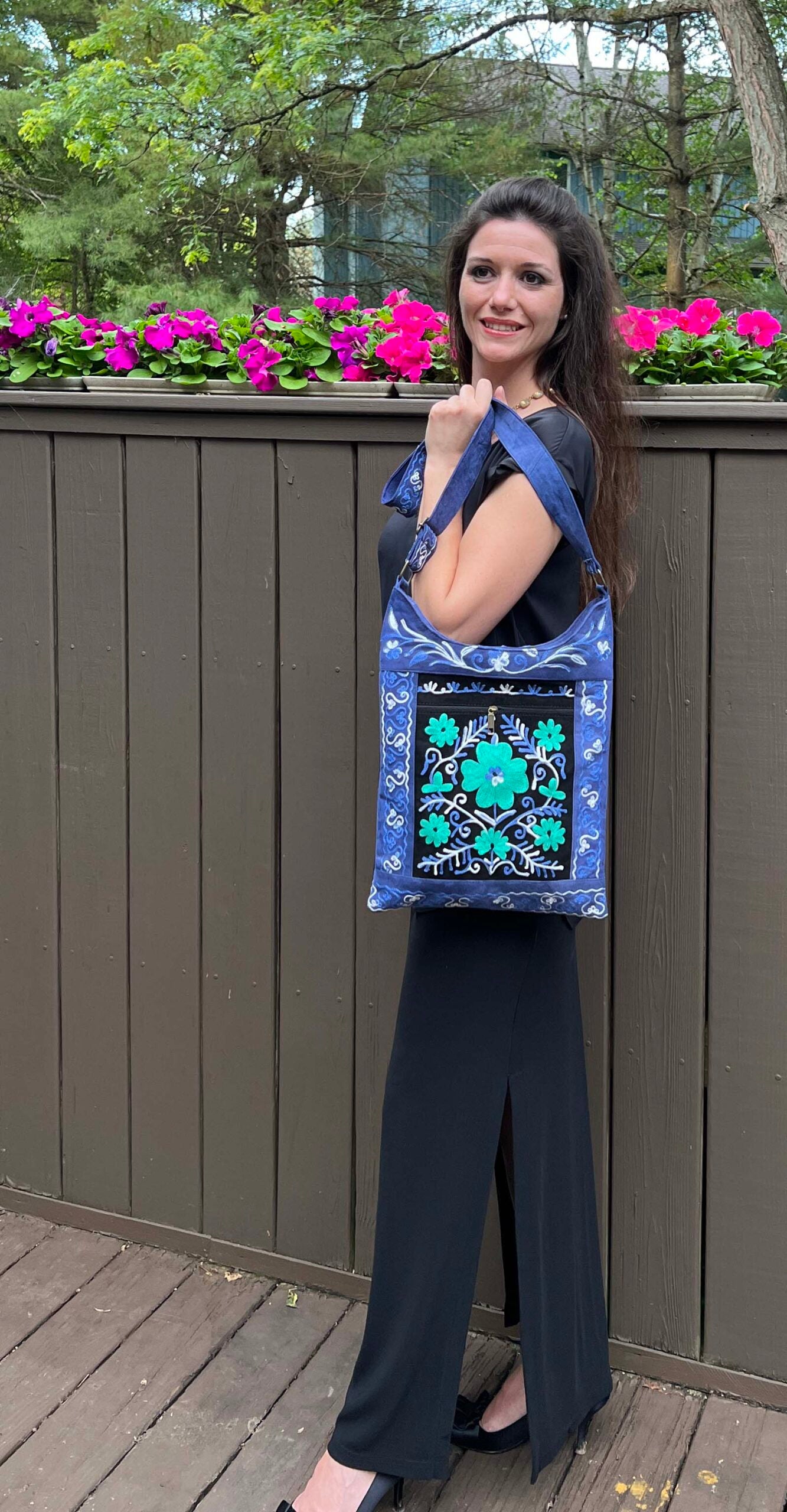 Handmade Black And Blue Suede Embroidered Llama Bag