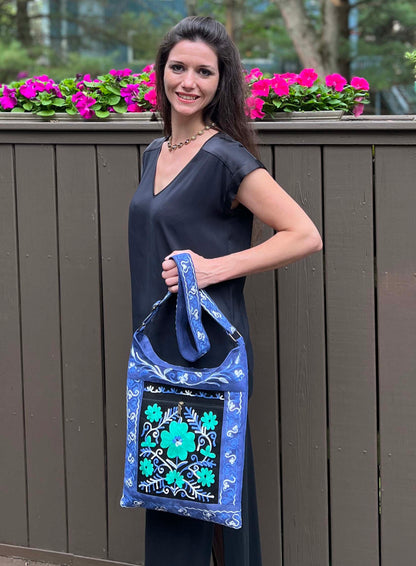 Handmade Black And Blue Suede Embroidered Llama Bag