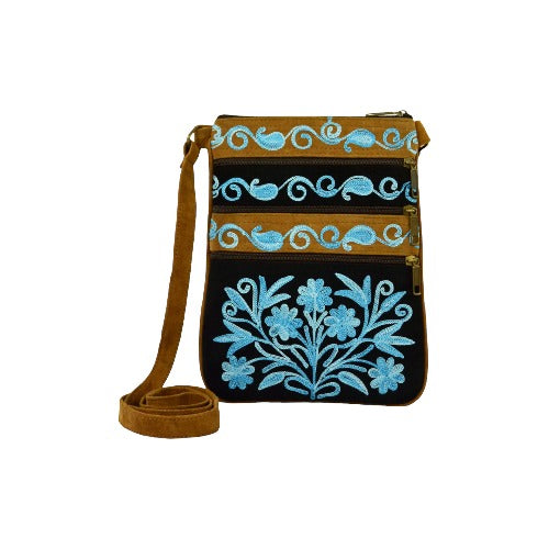 Blue And Black Suede Embroidered Cross-Body Bag