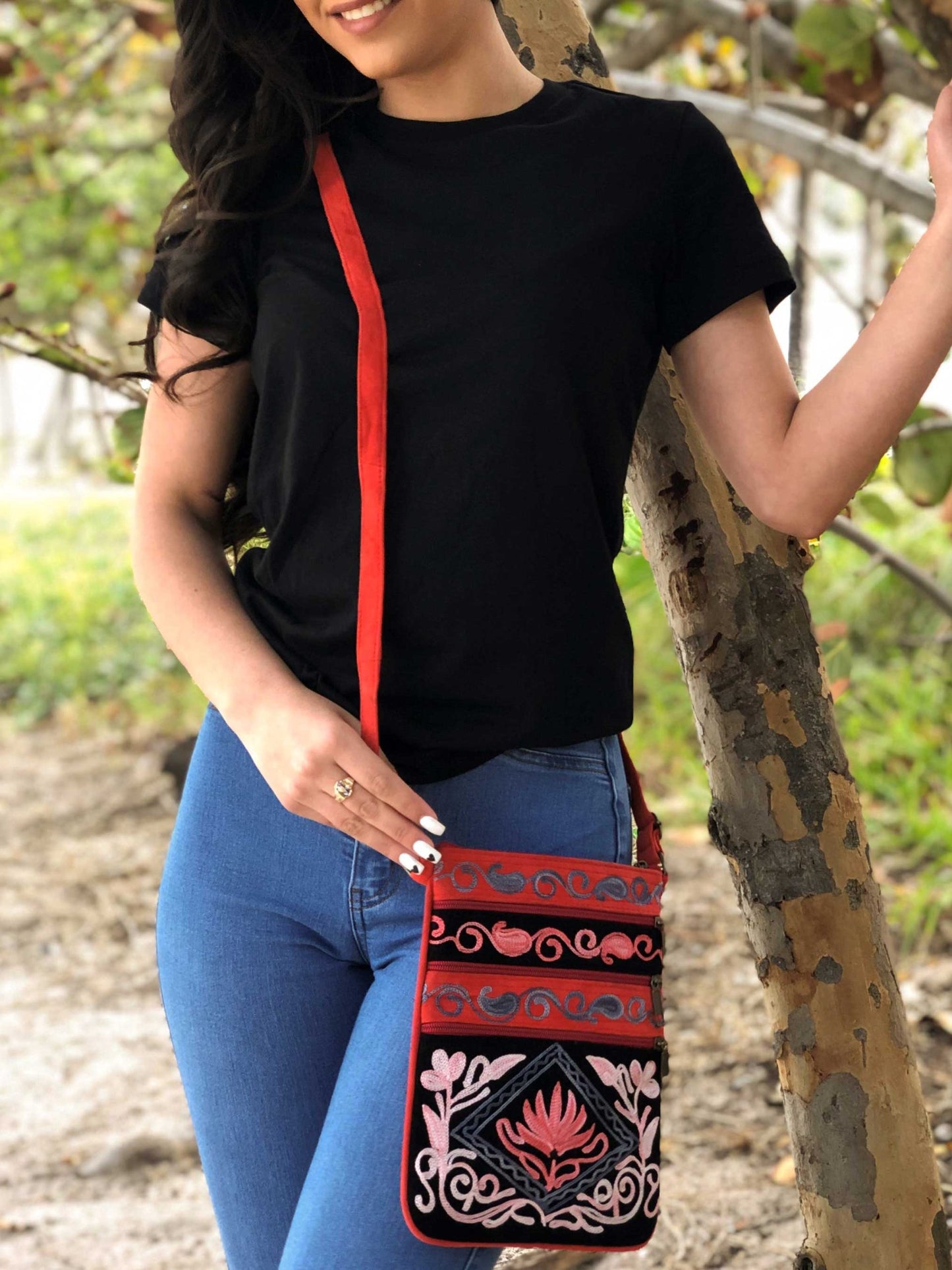 Suede Embroidered Five Zipper Cross-Body Bag