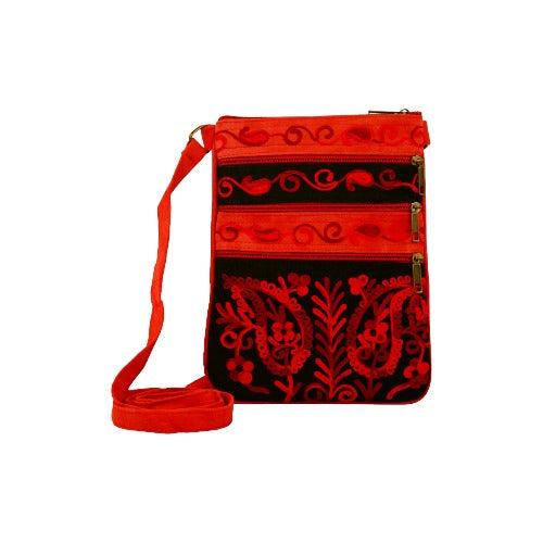 Suede Embroidered Black and Red Five Zipper Crossbody Bag