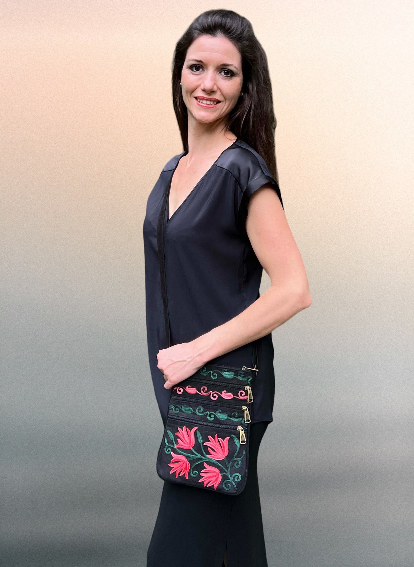 Suede Embroidered Five Zipper Cross-Body Bag