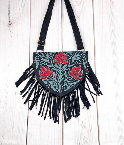Handmade Green and Red Suede Embroidered Heart Shaped Bag