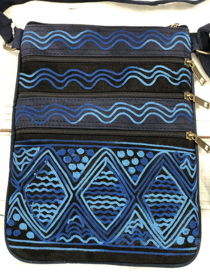Handmade Black and Blue Suede Cross Body Bag