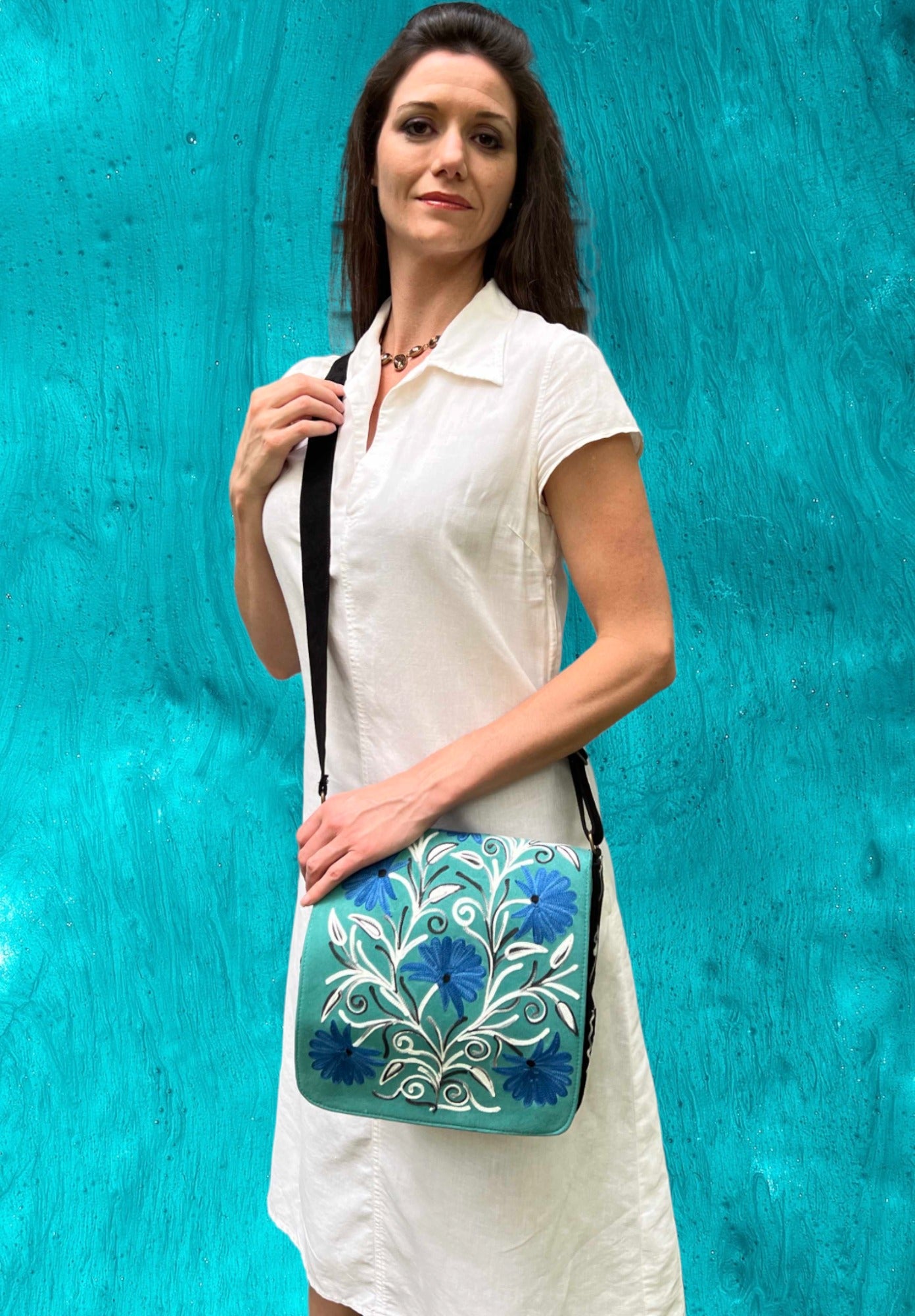Handmade Blue and Green Suede Embroidered Messenger Bag