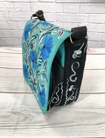 Handmade Blue and Green Suede Embroidered Messenger Bag