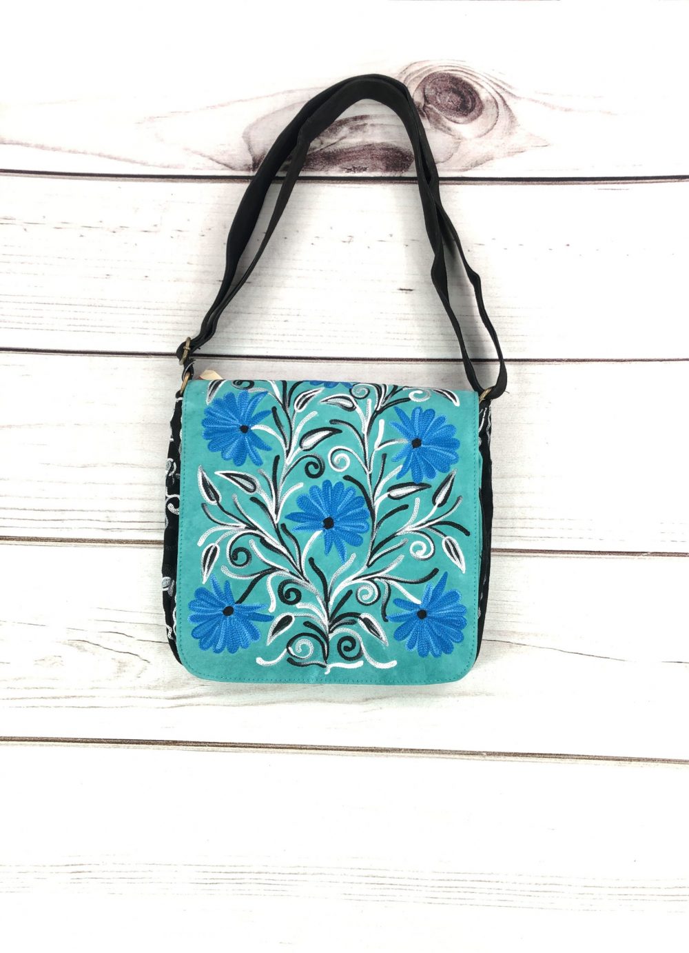Handmade Blue and Green Suede Embroidered Messenger Bag