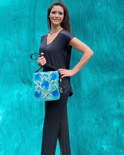 Handmade Blue and Green Suede Embroidered Messenger Bag