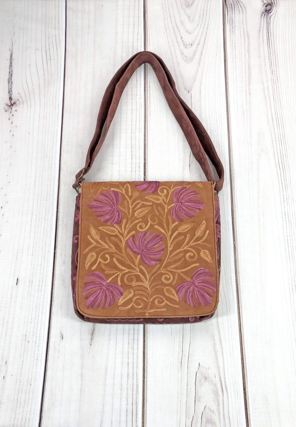 Handmade Beige and Mauve Suede Embroidered Messenger Bag