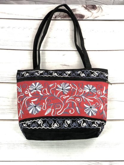 Handmade Red and Black Suede Embroidered Tote Bag