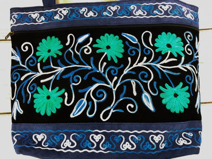 Handmade Black And Blue Suede Embroidered Tote Bag