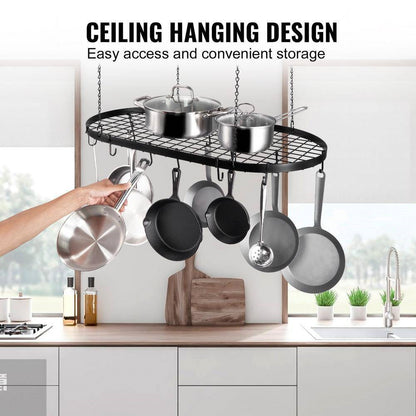 Black Carbon Steel Ceiling Mount Oval Hanging Kitchen Pot Rack with 12 Hooks