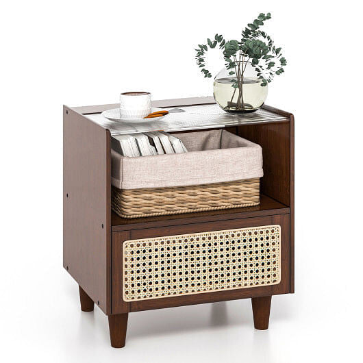 Bamboo Rattan Nightstand with Drawer and Solid Wood Legs-Natural-2