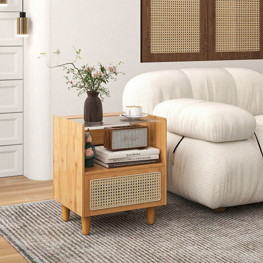 Bamboo Rattan Nightstand with Drawer and Solid Wood Legs-Natural-5